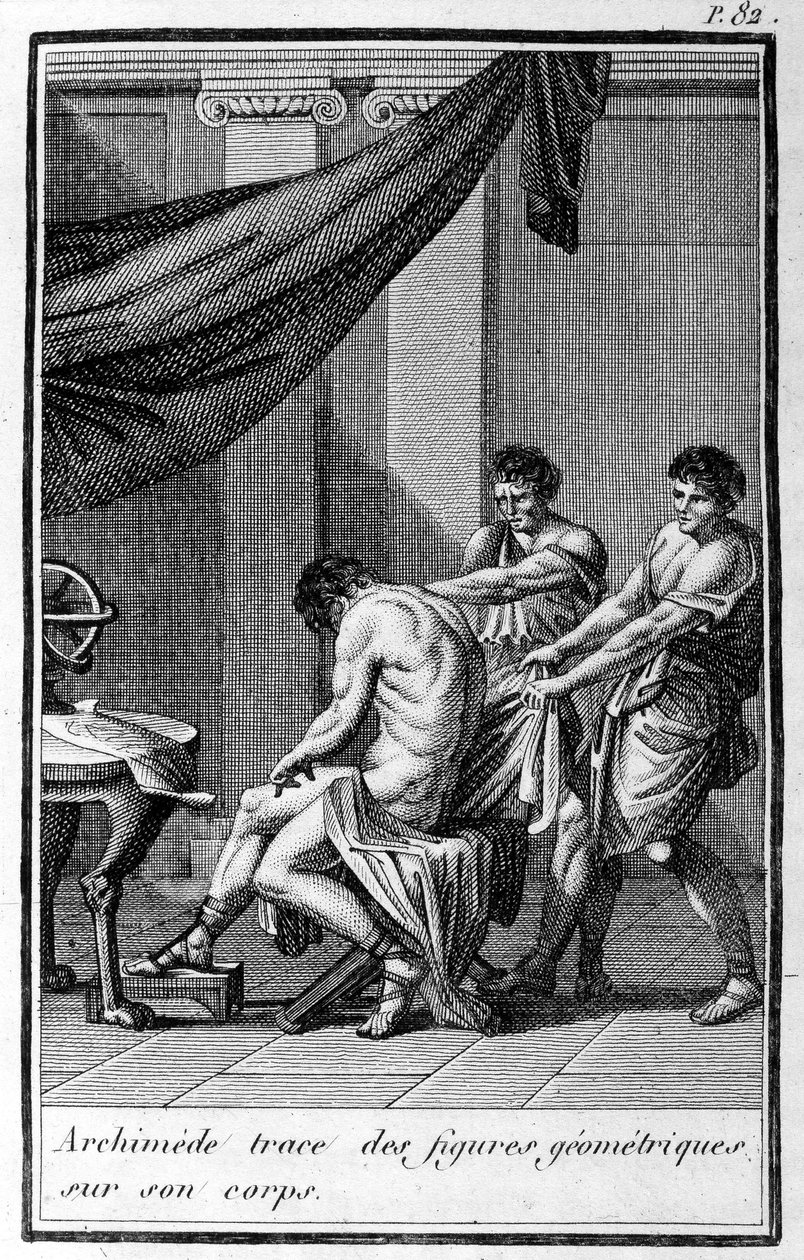 Archimedes sporer geometriske figurer på sin krop. af Unknown artist