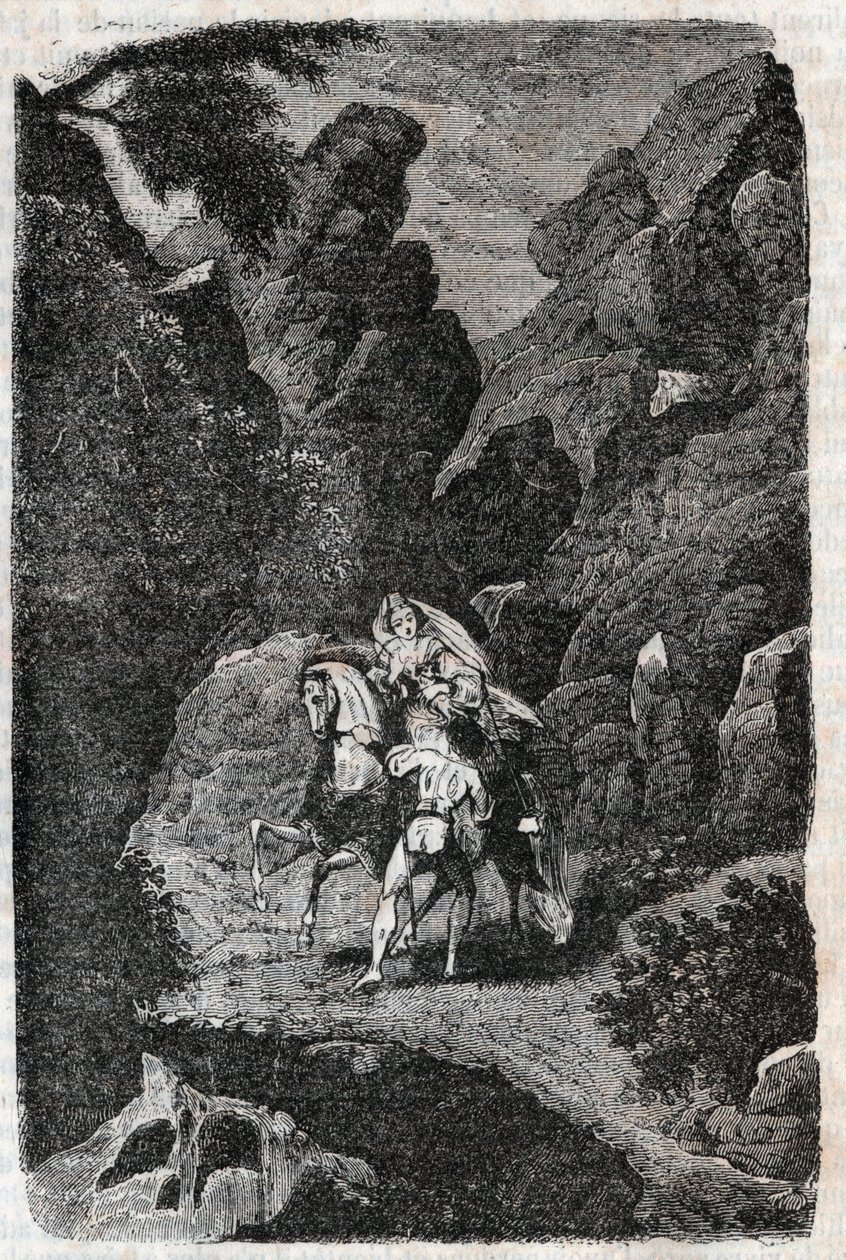 Argie angrebet efter ordre fra sin brudgom - indgravering af 1851 fra "" Furious Roland"" (Orlando furioso) (1500-tallet) af Ludovico Ariosto, kendt som Ariosta - Udgave oversat fra italiensk af greven af Tressan og udgivet af Gustave Harvar af Unknown artist