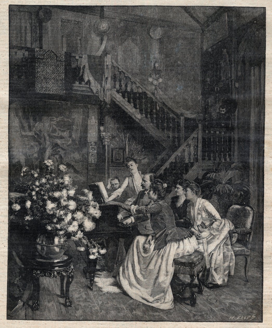 Omkring et partitur - Jules Massenet (1842-1912), fransk komponist, der spiller med vennerne "Le portrait de Manon" - Indgravering i "Le Progres illustrious" fra 1895 af Unknown artist