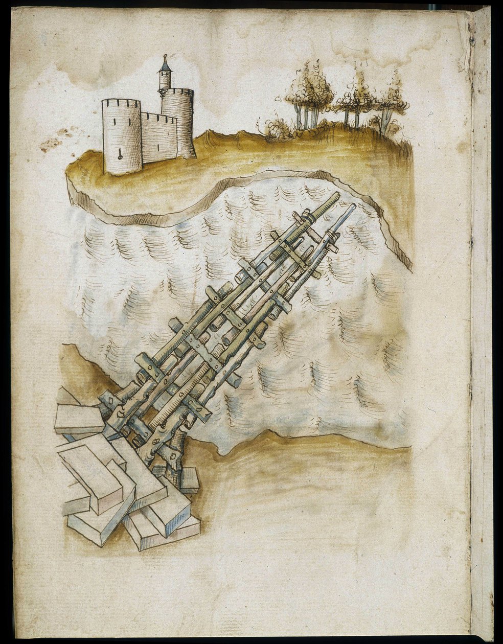 Arrangement af en træbro - Manuskript: pergamentark af en ingeniørmanual til opførelse af civile, religiøse og militære bygninger, anonym, slutningen af det 15. århundrede (figur med kinesisk blæk) af Unknown artist