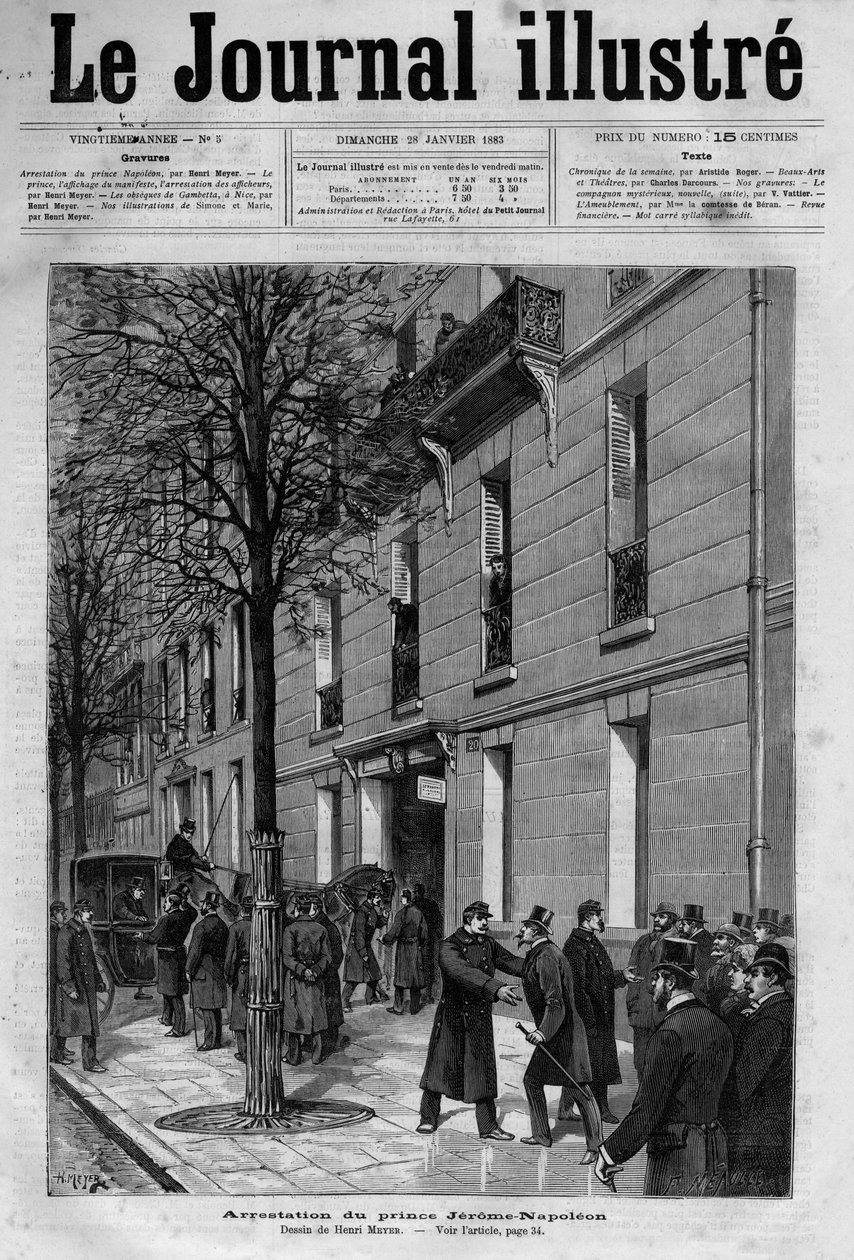 Arrestation i 1883 af Jerome Bonaparte dit Plon-Plon (Plonplon) (1822-1891) (Napoleon-Jerome Bonaparte eller Prins Jerome Napoleon), søn af Jerome Bonaparte (1784-1860) - forsiden af "The Illustrous Journal" fra 1883 af Unknown artist