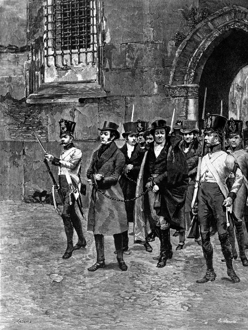 Arrestation af carbonari (medlemmer af Charbonnerie eller Carboneria) fra Veneto Lombardiet. Illustration af Matania. Indgravering af det 19. århundrede. af Unknown artist