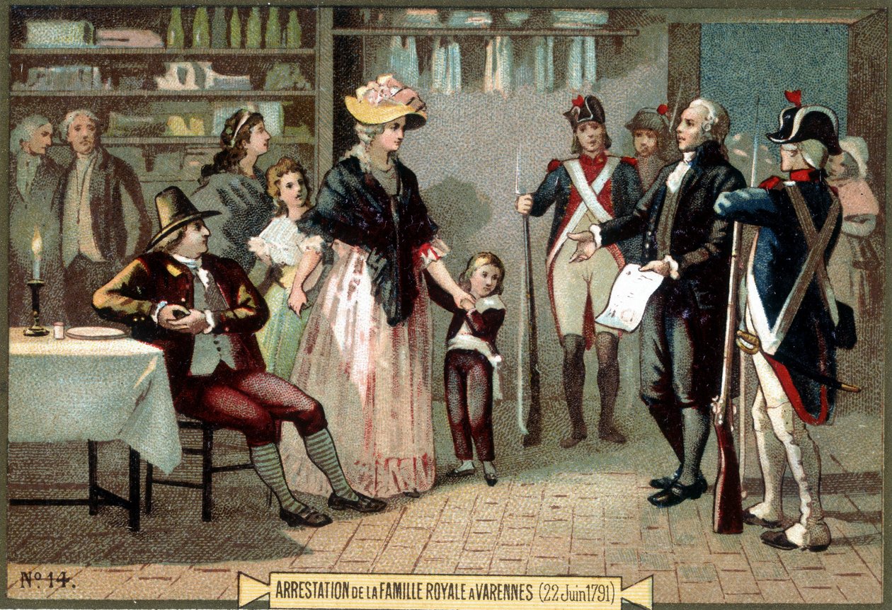 Arrestation af kongefamilien (Louis XVI og Marie Antoinette med deres børn) i Varennes (22/06/1791). Kromolitografi 1800-tallet. af Unknown artist