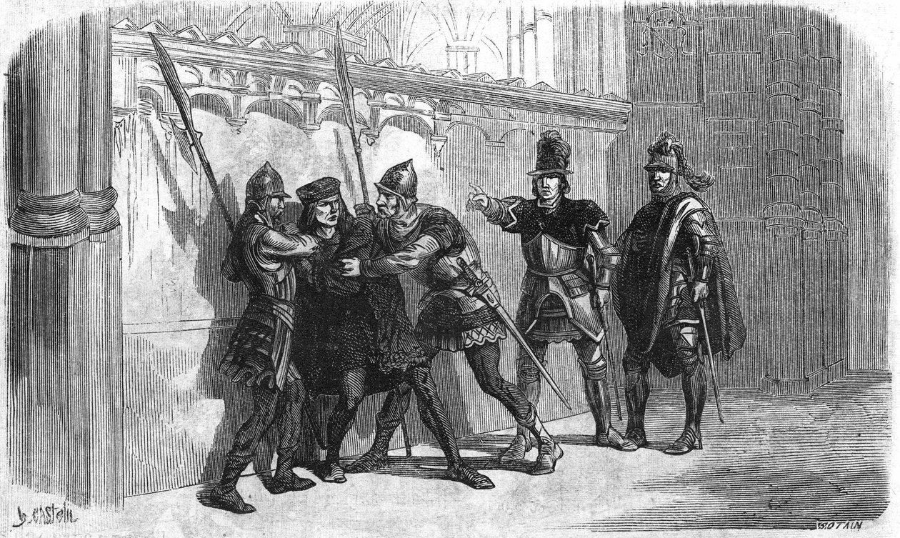 Arrestation af basarden af Rubempre under Ludvig XI. Indgravering af det 19. århundrede. af Unknown artist