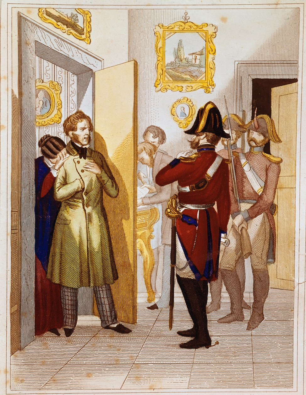 Arrestation af patriot Federico Confalonieri (1785-1846), af italienske tropper. Indgravering af Museo del Risorgimento fra det 19. århundrede, Rom af Unknown artist