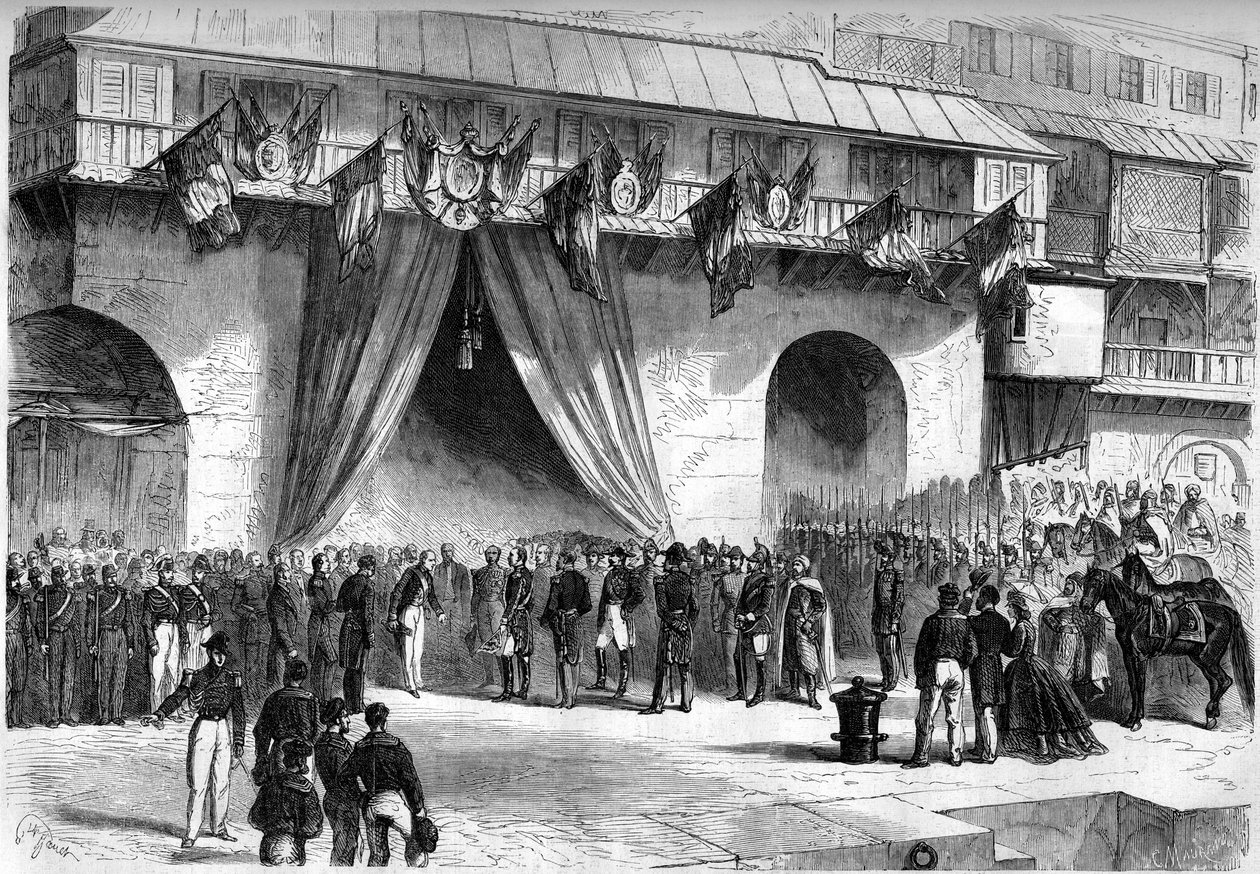 Ankomst til Algier den 19. september 1864 af marechal af Mac-Mahon (Mac Mahon) (1808-1893), udnævnt til generalguvernør i Algeriet. Modtagelse af civile og militære myndigheder under Admirautens hvælving. af Unknown artist