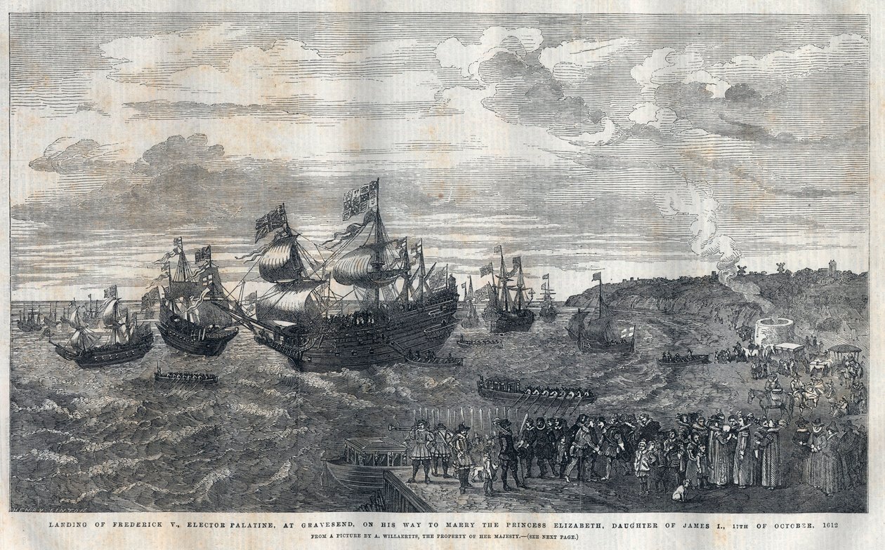 Ankomst af Frederique V fra Pfalz (1596-1632) i havnen i Gravesend for at gifte sig med prinsesse Elisabeth af England (1596-1662), datter af kong James I (1566-1625) den 16. oktober 1612. Han blev budt velkommen af James Hay (1. jarl af Carlisle) (ca. 158 af Unknown artist