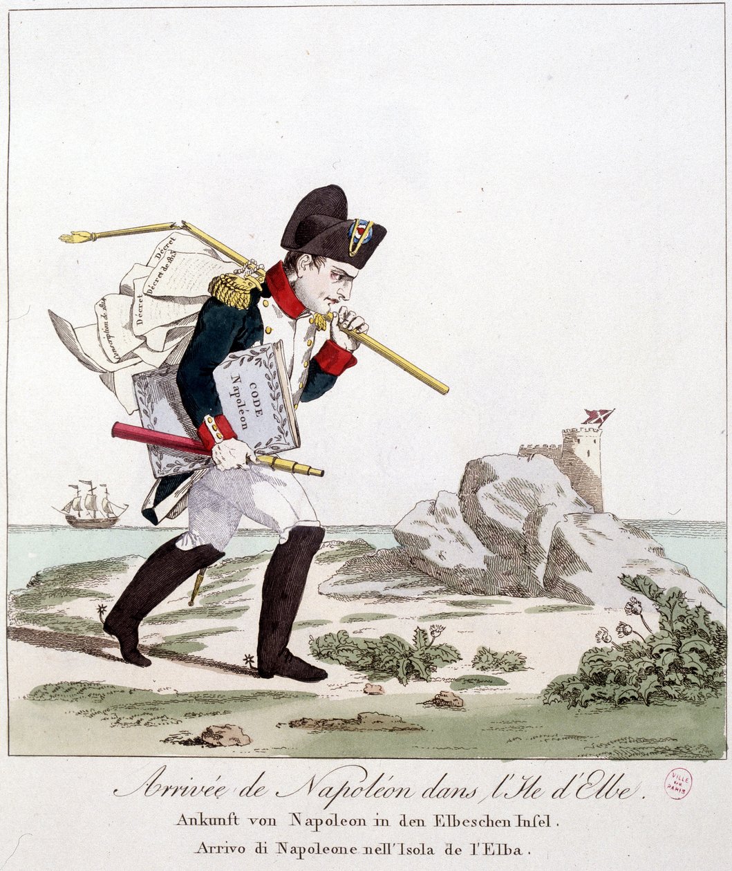 Ankomst af Napoleon til Elba Island (bærende under armen på Code Napoleon) - i "" Napoleon 1st, karikaturer, dummy-samling"", ca. 1814 af Unknown artist
