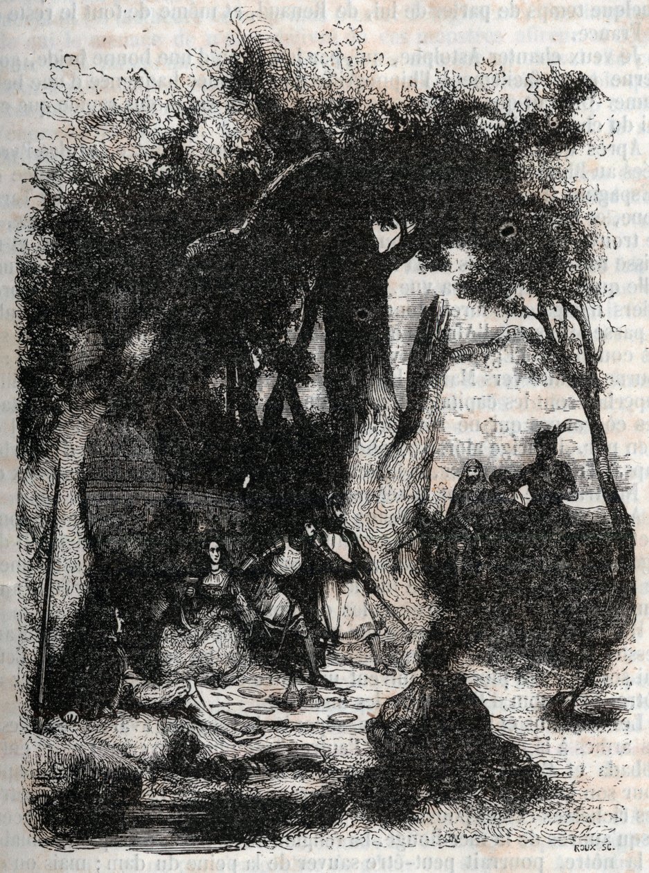 Ankomst af Rodomont og Mandricard til Merlin-fontænen - Indgravering af 1851 fra "" Roland Furieux"" (Orlando den Rasende) (1500-tallet) af Ludovico Ariosto, kendt som Ariosta - Udgave oversat fra italiensk af greven af ​​Tressan og udgivet ved af Unknown artist