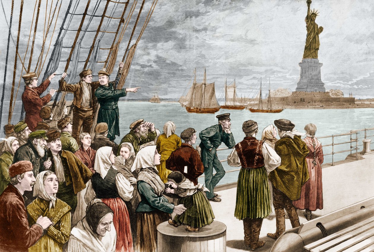 Ankomst af immigranter til New York i 1887 (i baggrunden Frihedsgudinden). ©Leemage af Unknown artist