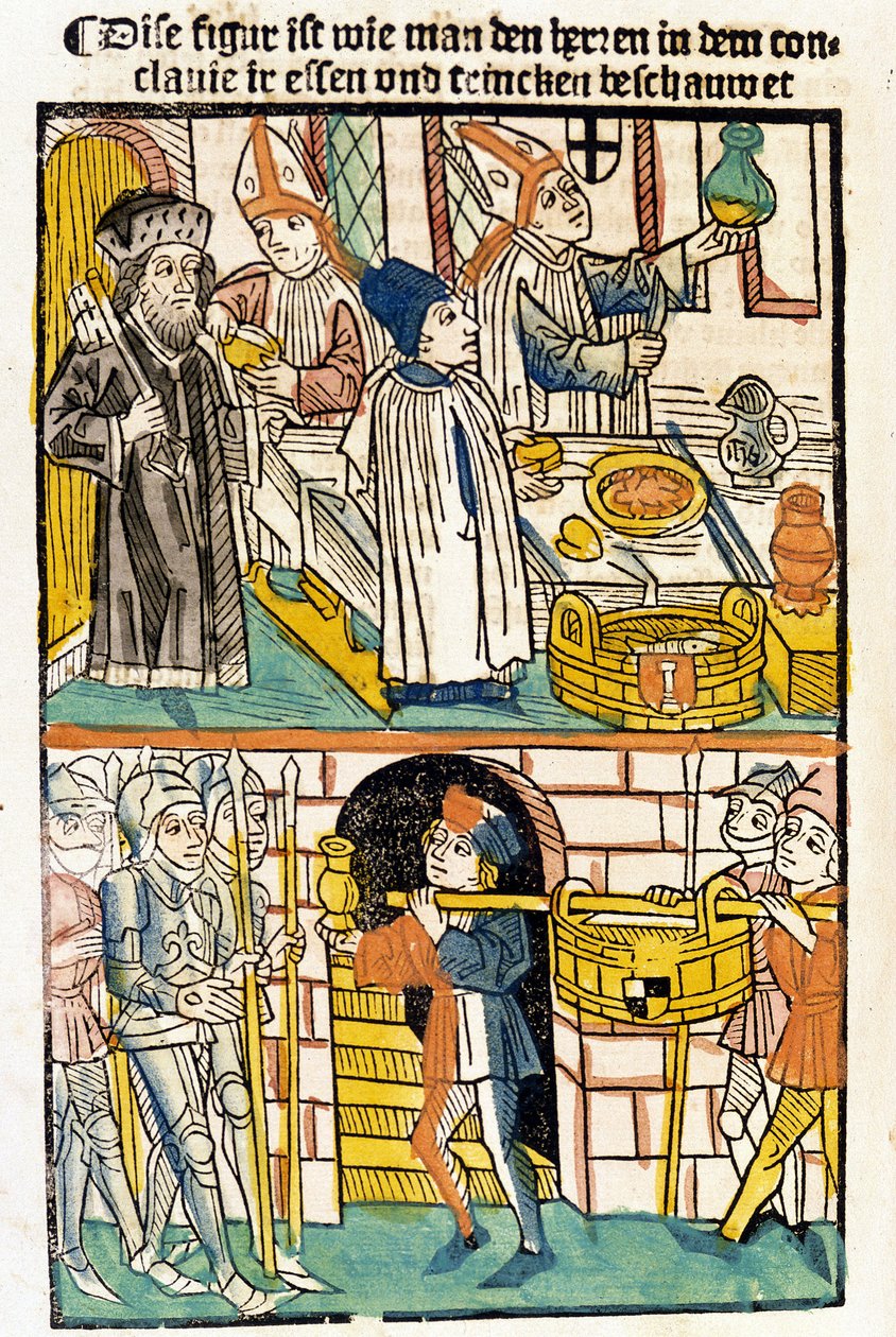 Ankomst af mad, så medlemmerne af Konciliet i Konstanz (1417), hvor pave Martin V blev valgt, kunne spise. "Das Concilium" af Unknown artist