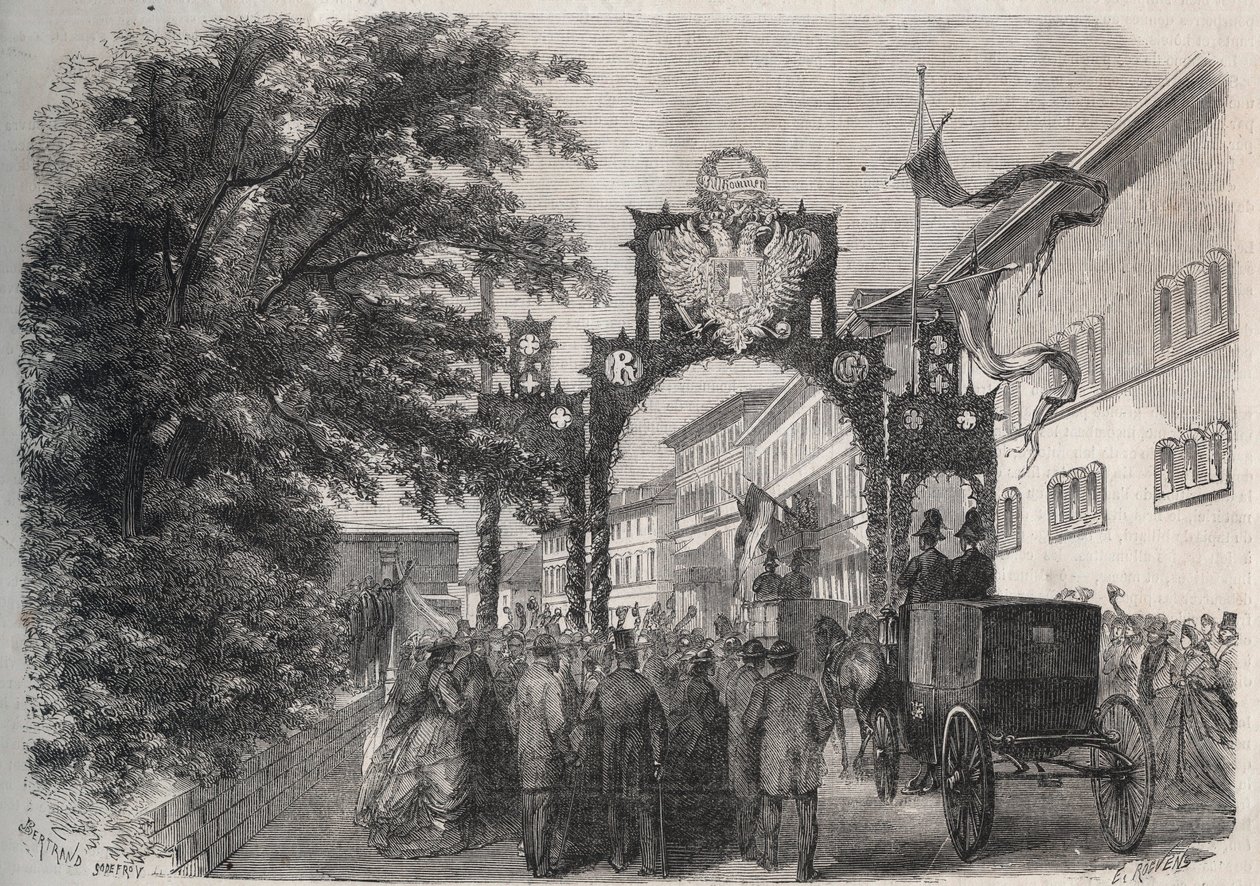 Ankomst af imponen Elisabeth af Østrig (Sissi) (Elisabeth af Østrig) i Bad Kissingen (Spa) i 1865 - indgravering i "Den illustere verden" fra 1865 af Unknown artist