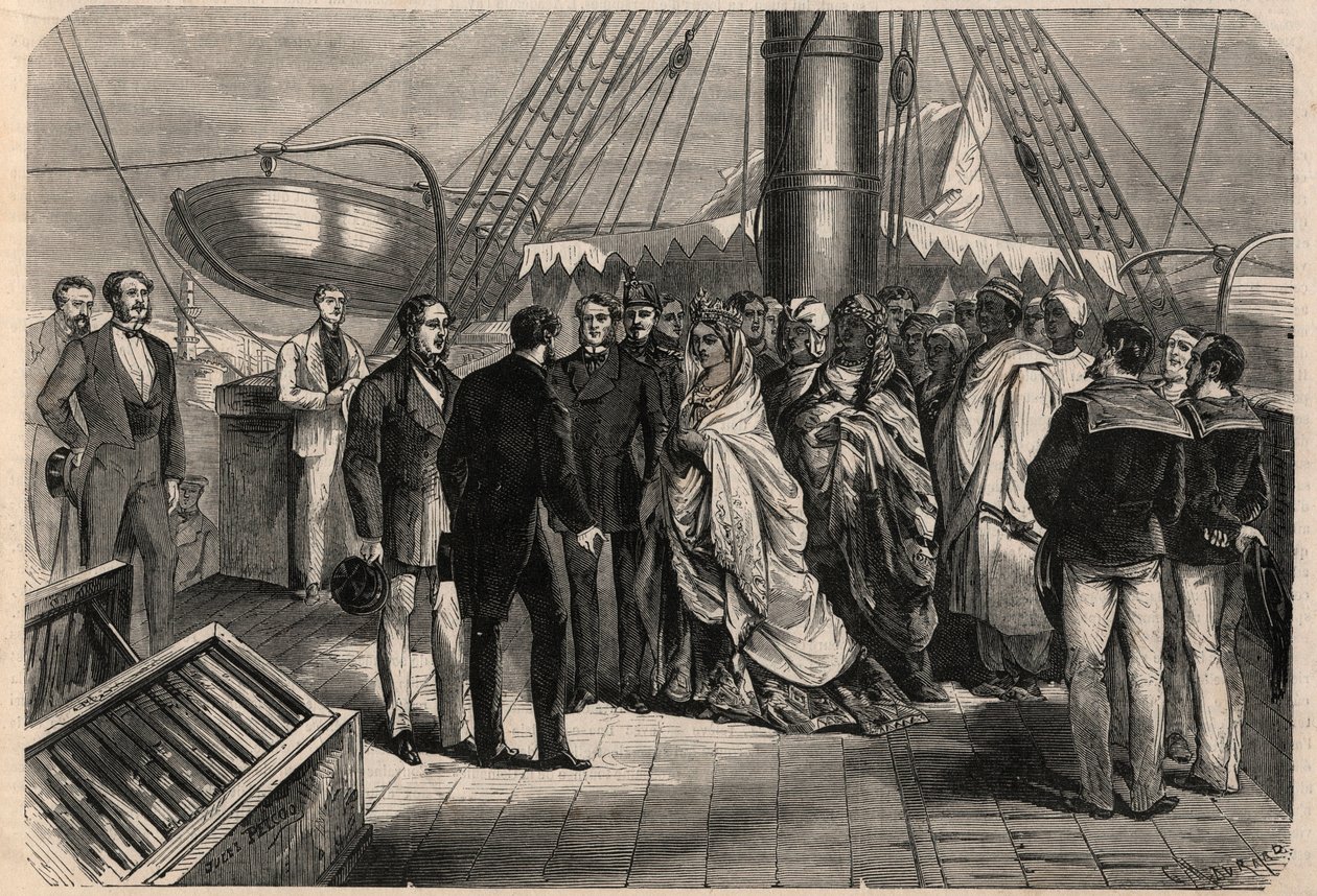 Ankom til Marseille af Zombe-Fatoum (1836-1878), dronning af Comorerne. Hun kaldes også Jumbe-Fatouma (Jumbe-Fatouma) eller Jumbe-Fatima (Jumbe-Fatima). Indgravering i "The Illustrious Universe" af Unknown artist