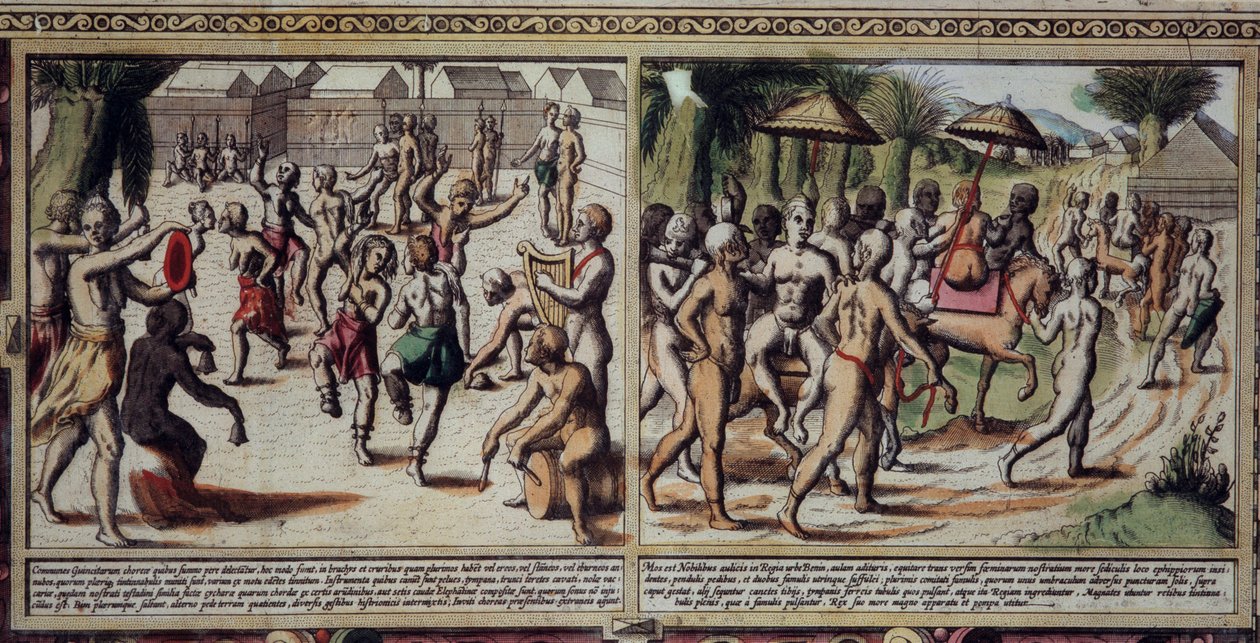 Art Portugal: dans af den oprindelige detalje på kortet over Guinee af Luis Texeira (1602-1650), gravering af det 17. århundrede. af Unknown artist