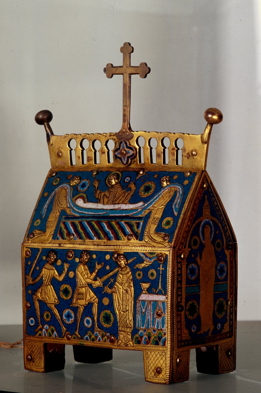 Kunstobjekt: relikvieskrin i emalje, guld og kobber af Saint Thomas Becket (1118-1170), ærkebiskop af Canterbury. Det er dekoreret for fremstillinger af mordet på arkeveket den 29/12/1170 i Cathedrale of Cantorbery og dets begravelse. 13. århundrede af Unknown artist