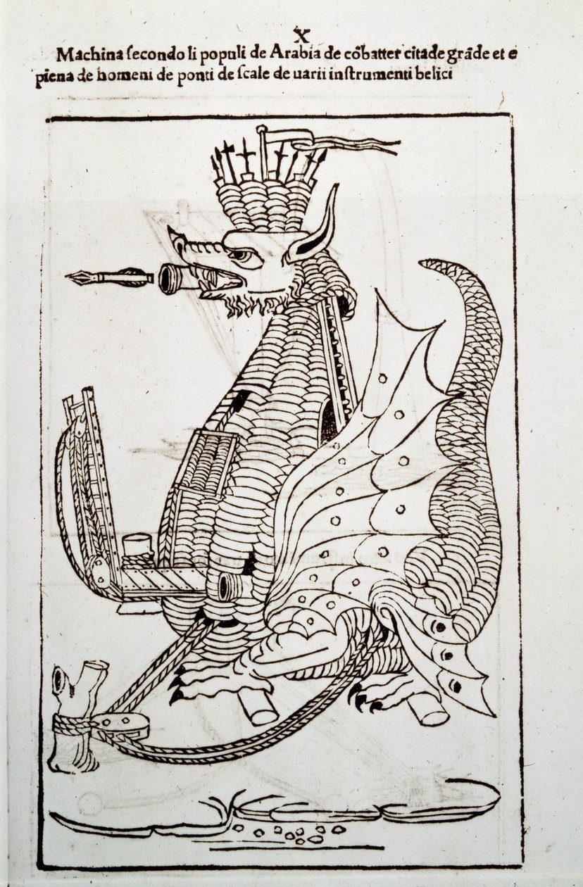 Krigskunst: undersøgelse af militærmaskineri. "" Arabica machina"", arabisk maskine til at belejre en by, illustration fra 