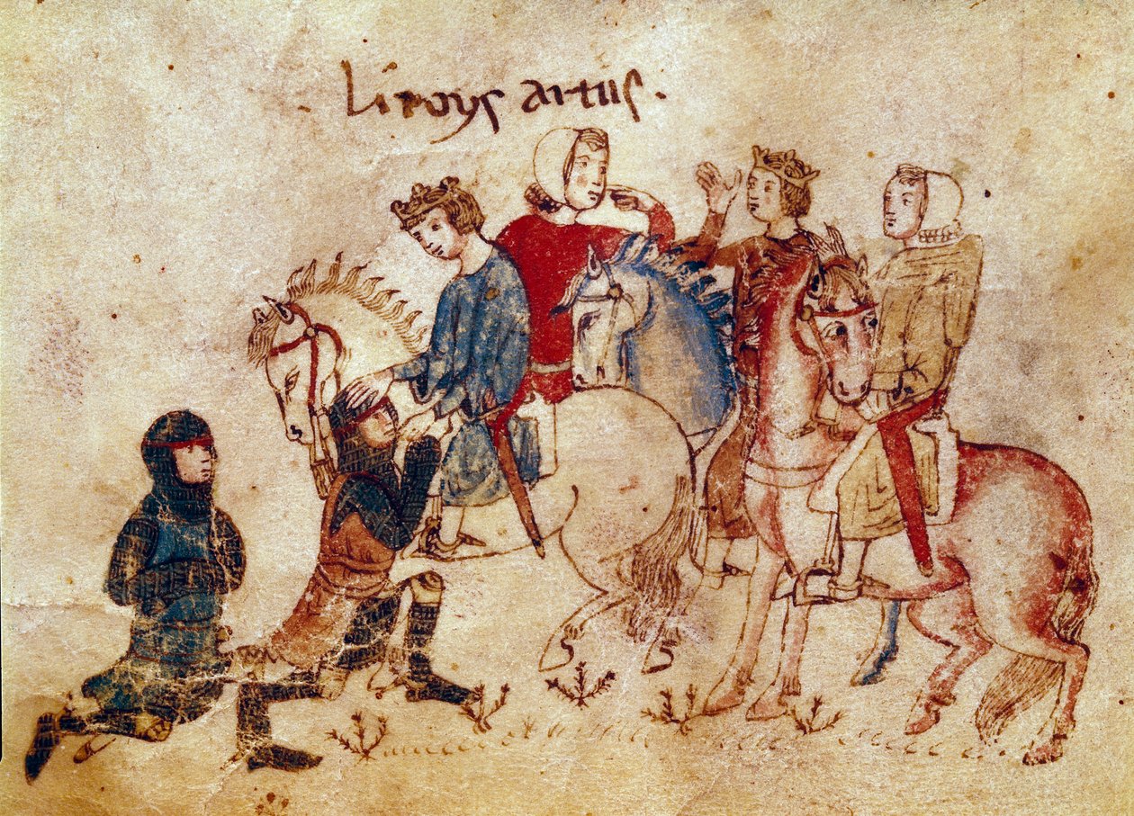 Arthur-legende: "" Kong Arthur blødgørende riddere (Meliadus (eller Meliodas), Esclabor og Arfasar (eller Arphasar)"" Miniature fra "" Meliadus, bror til Tristan"" Venedig Biblioteca Marciana fra det 14. århundrede af Unknown artist