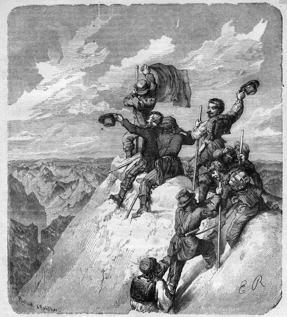 Ascension of the Illimani (6.439 m) (Nevado Illimani, toppen af Paris) af Charles Wiener (1851-1913) fransk opdagelsesrejsende og diplomat og hans ledsagere - indgravering i "" journal des voyages""" 1887 af Unknown artist