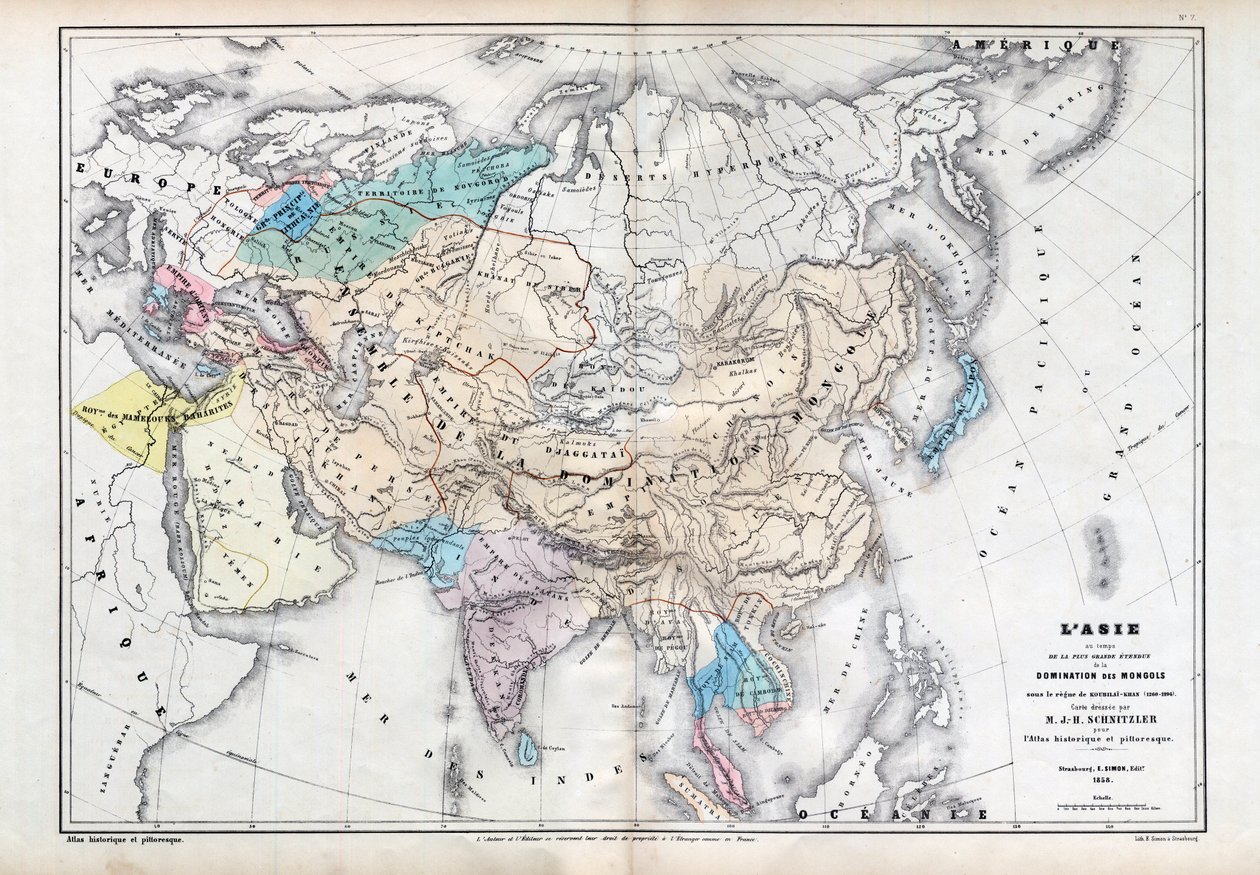 Asien på tidspunktet for den største udstrækning af mongolsk dominans under Qubilai (Kubilai Khan) (1260-1294) - Kort udarbejdet af M J-H Schnitzler, Historisk og malerisk atlas 1857 af Unknown artist