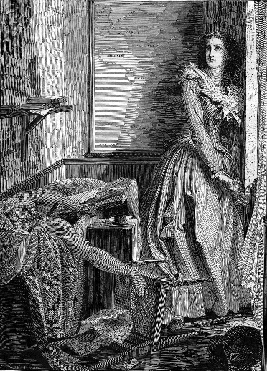 Mordet på Jean Paul Marat (1743-1793) af Charlotte Corday (1768-1793), den 13. juli 1793 i Paris. Stik fra 1860. af Unknown artist
