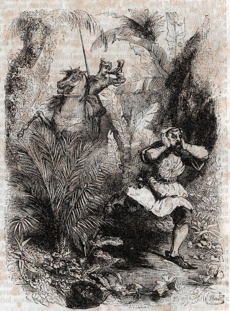 Astolphe får Caligorant til at flygte - 1851 gravering fra "" Furious Roland"" (Orlando furioso) (1500-tallet) af Ludovico Ariosto, kendt som Ariosto - Udgave oversat fra italiensk af greven af Tressan og udgivet af Gustave Harvard 1851 af Unknown artist