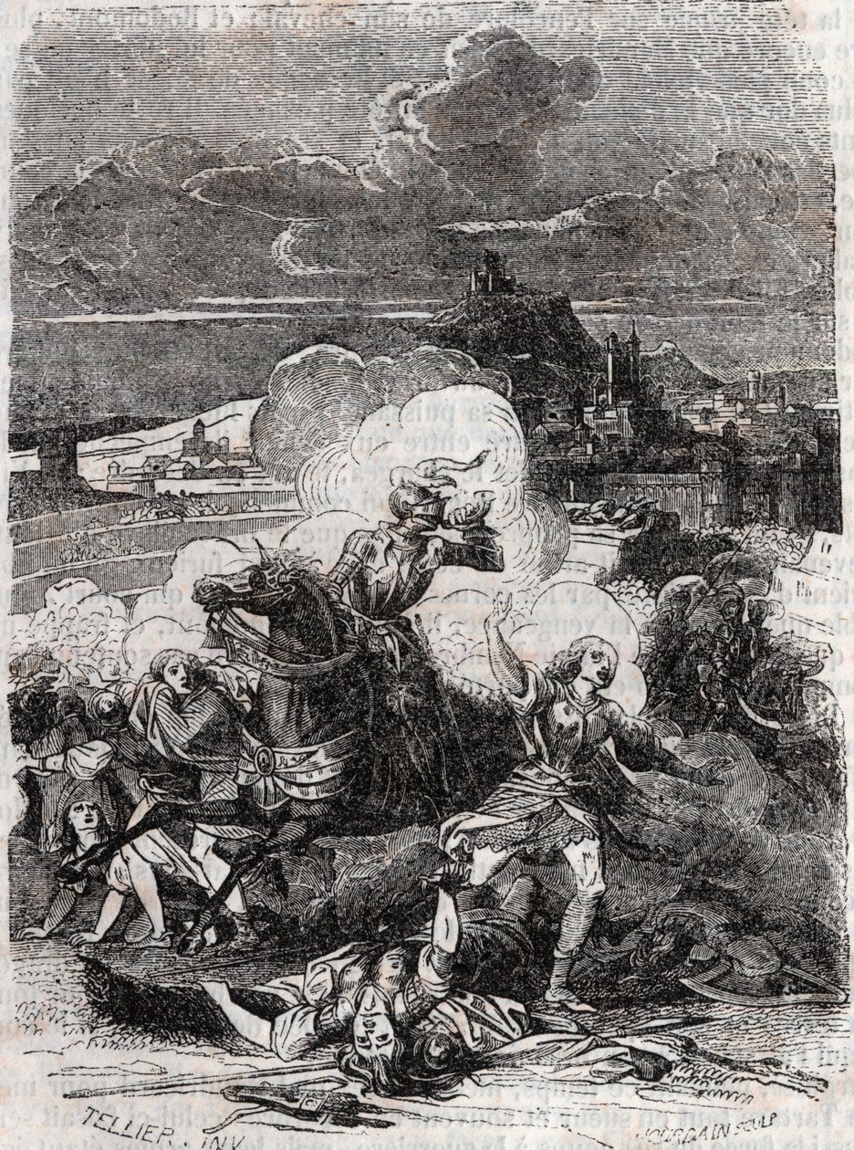 Astolphe får drabskvinder til at flygte - 1851 gravering fra "" Furious Roland"" (Orlando furioso) (1500-tallet) af Ludovico Ariosto, kendt som Ariosta - Udgave oversat fra italiensk af greven af Tressan og udgivet af Gustave Harvard 1851 af Unknown artist