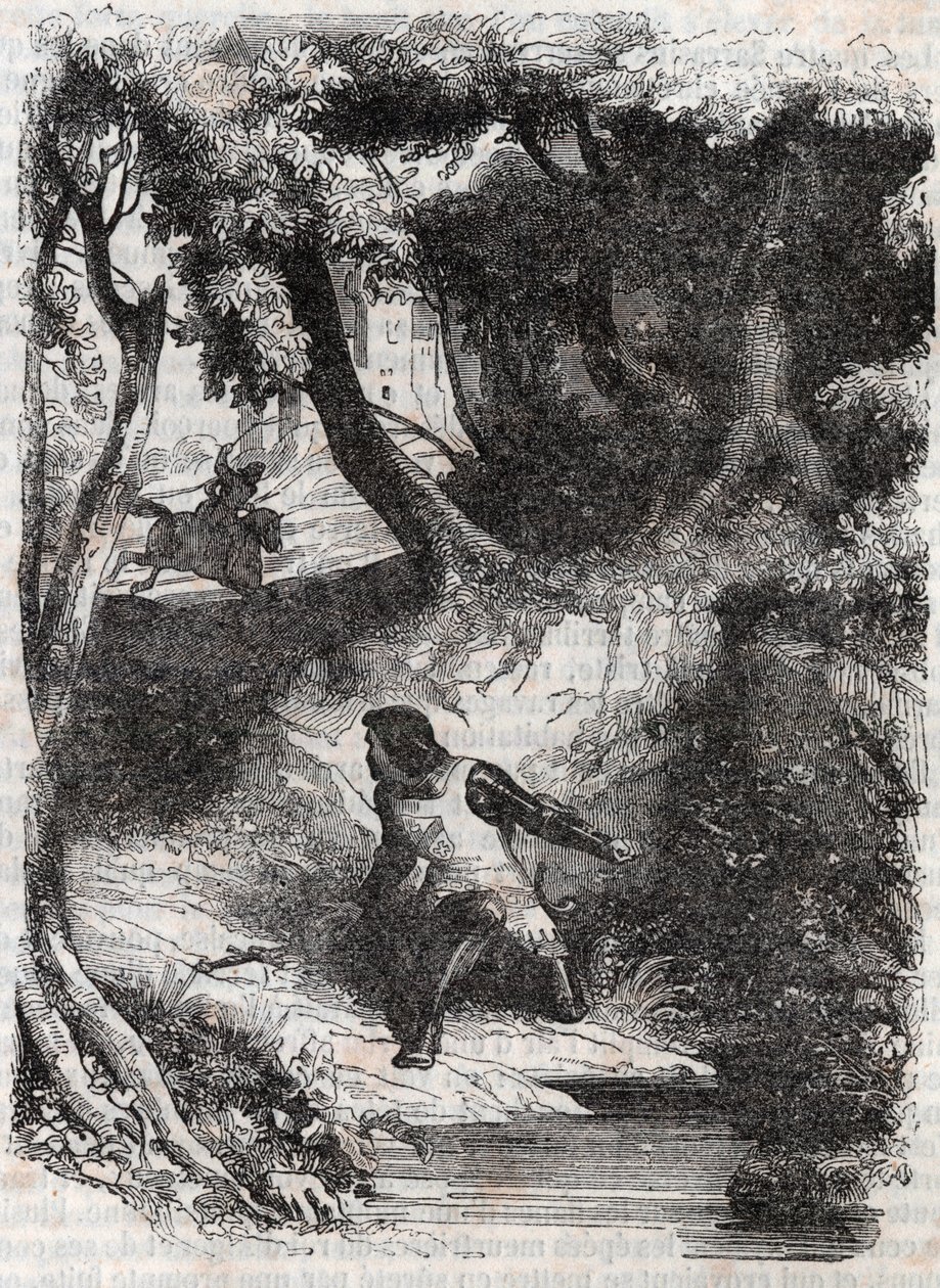 Astolphe på kanten af et springvand - indgravering af 1851 fra "" Furious Roland"" (Orlando furioso) (1500-tallet) af Ludovico Ariosto, kendt som Ariosta - Udgave oversat fra italiensk af greven af Tressan og udgivet af Gustave Harvard 1851 af Unknown artist