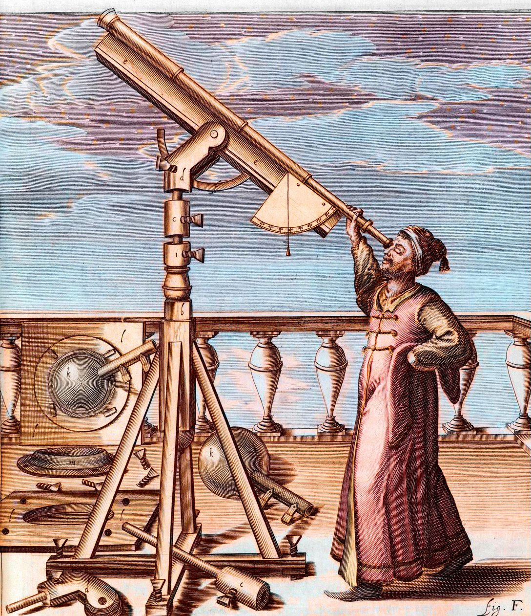 Astronom observerer himlen med et teleskop - fra: Johannes Hevelius (1611-1687), Selenographia, sive Lunae descriptio (Selenography, or A Description of the Moon) af Unknown artist