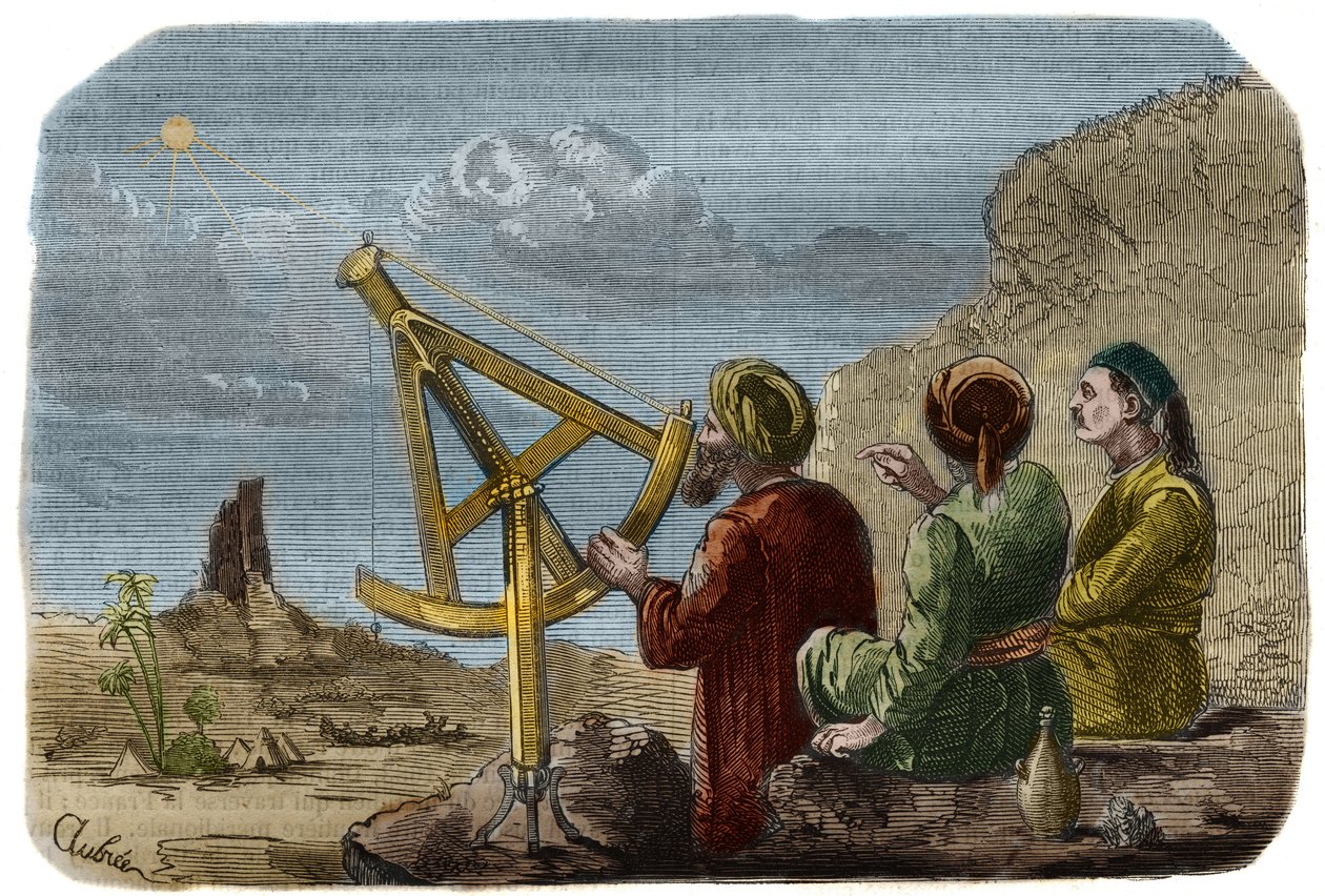 Astronomi: Arabiske videnskabsmænd hæver solens højde i Babylons sletten omkring 825. De bruger en kvart cirkel med nåler. Indgravering fra 1857 i "" Le Musee Des Sciences"" af Unknown artist