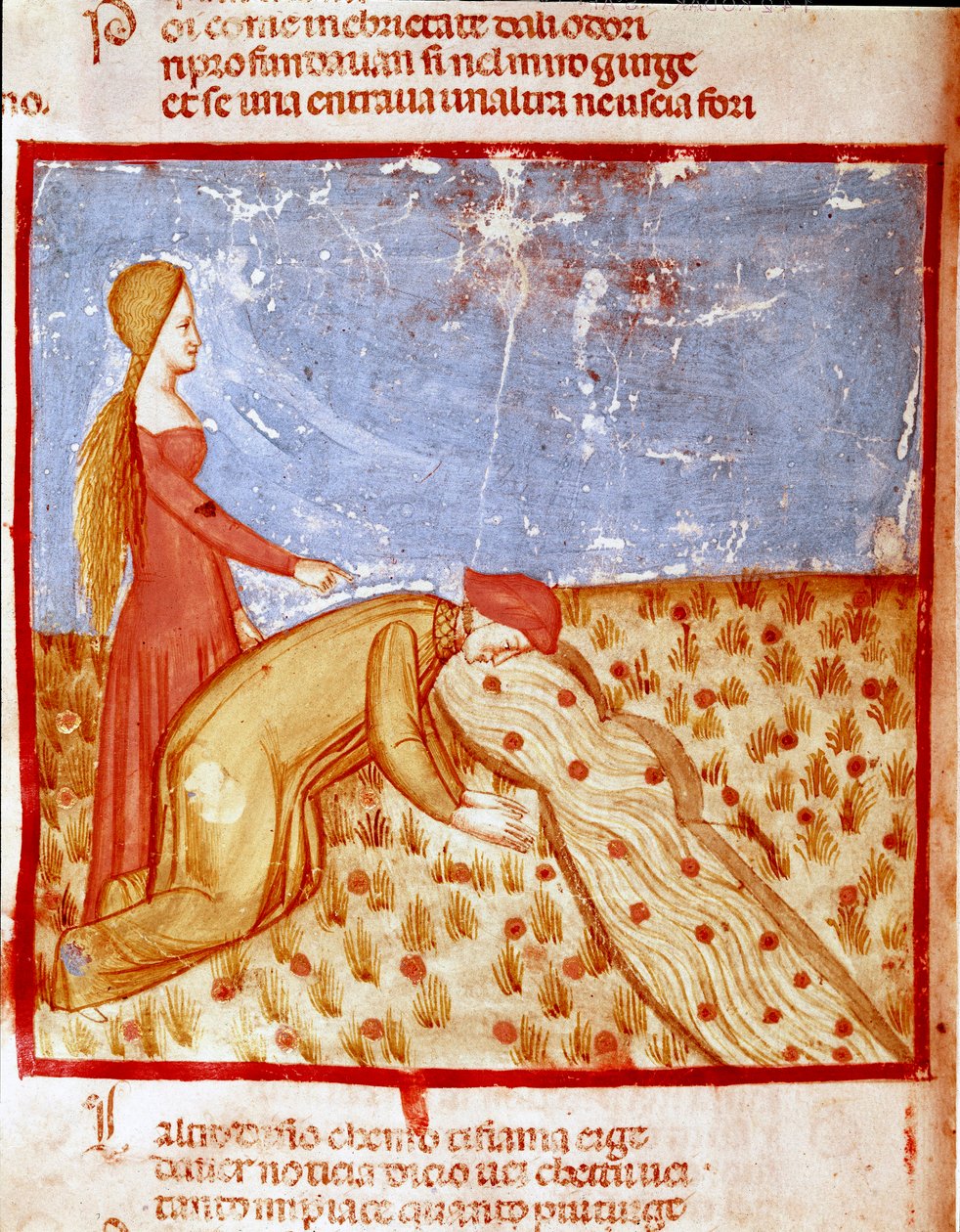 Ved indgangen til Paradiset møder Dante Mathelda og drikker vand fra Eunoe-floden, hvilket gør mindet om gode ting gennemført. Oplyst side, der illustrerer en sang fra Paradiset fra "Divina Commedia" af Dante Alighieri (1265-1321). 14. årh af Unknown artist