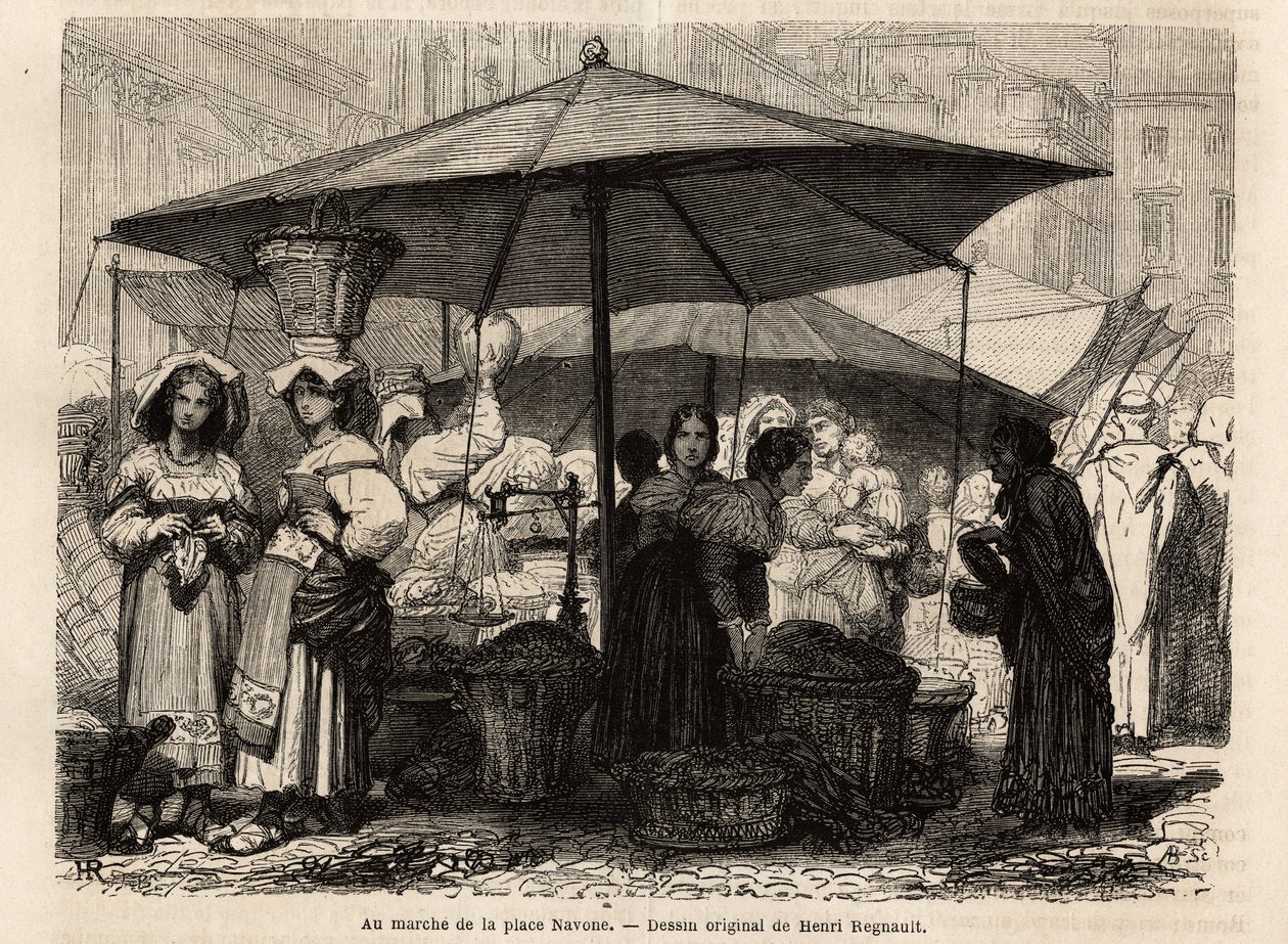 Ved foden af Piazza Navona, Rom (Italien). Gravering til illustration af rejsen til Rom, af Francis Wey, i 1864-1868, offentliggjort i "Le tour du monde, nouveau journal des voyages", under ledelse af Edouard Charton af Unknown artist
