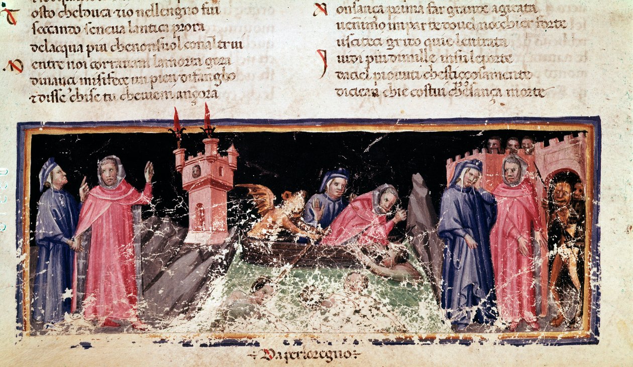 Til venstre står Dante og Virgil ved bredden af floden Styx, Acherons dystre kyst. I centrum færger Charon Dante og Virgil, som ser meget foruroligede ud (sang 3 fra Helvede, i den guddommelige komedie) - miniature af Unknown artist