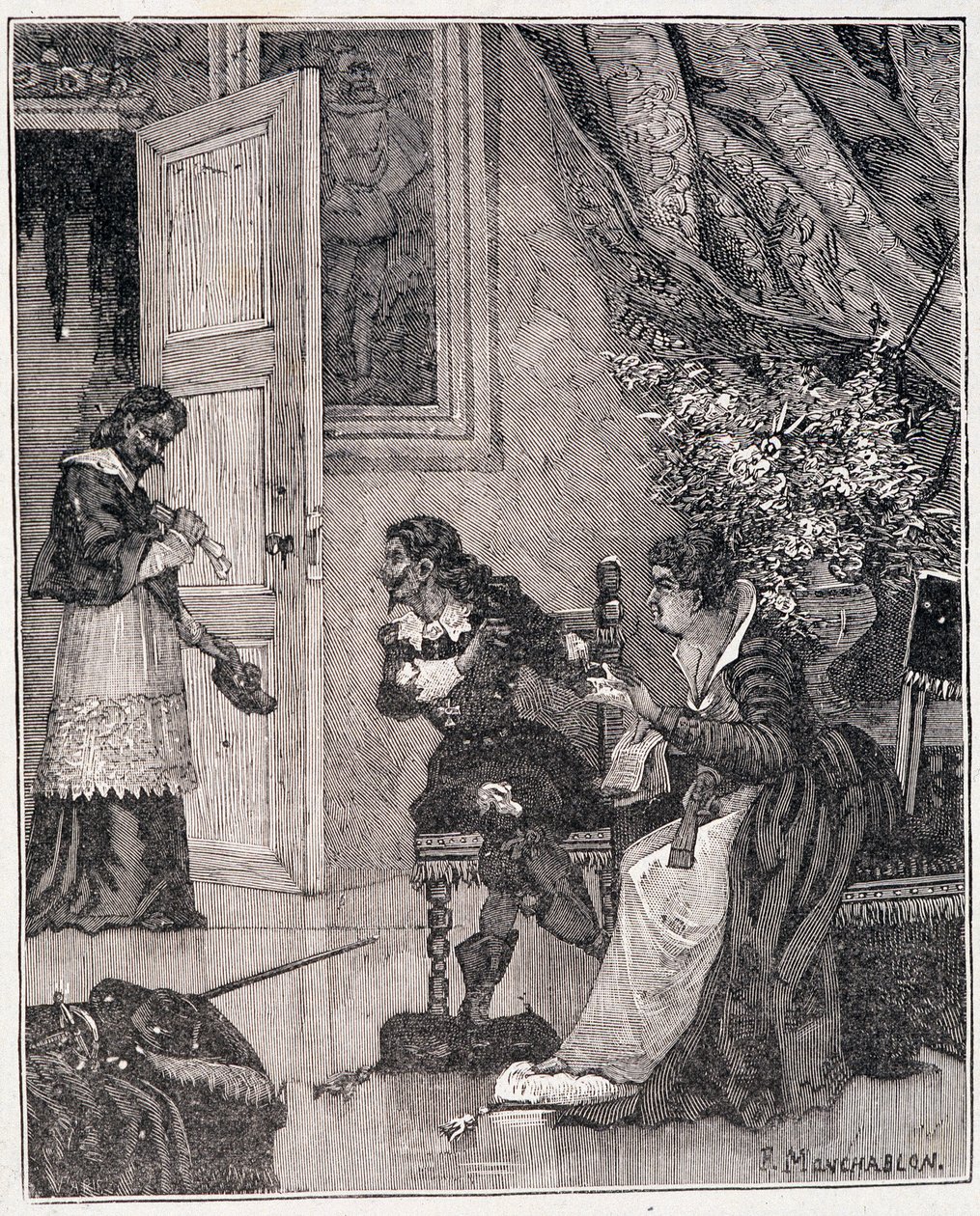 På det tidspunkt, hvor Marie de Medicis forsvarede sin sag, trådte kardinalen ind (Journee des dupes), en illustration i "Paris a travers les siecles" af Kenouillac af Unknown artist