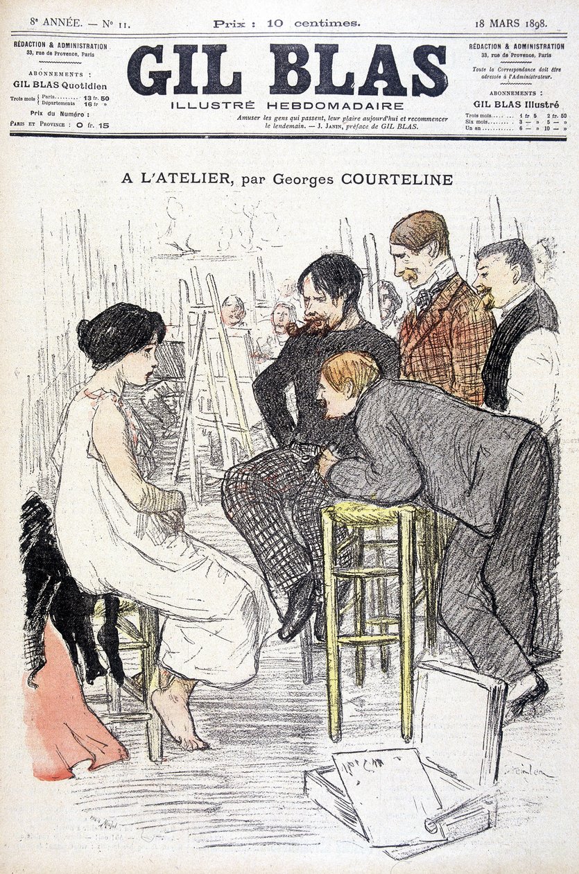 På workshoppen af Georges Courteline. Mand ser en kvinde posere i et værksted. I "" Gil Blas"", den 18/03/1898. af Unknown artist