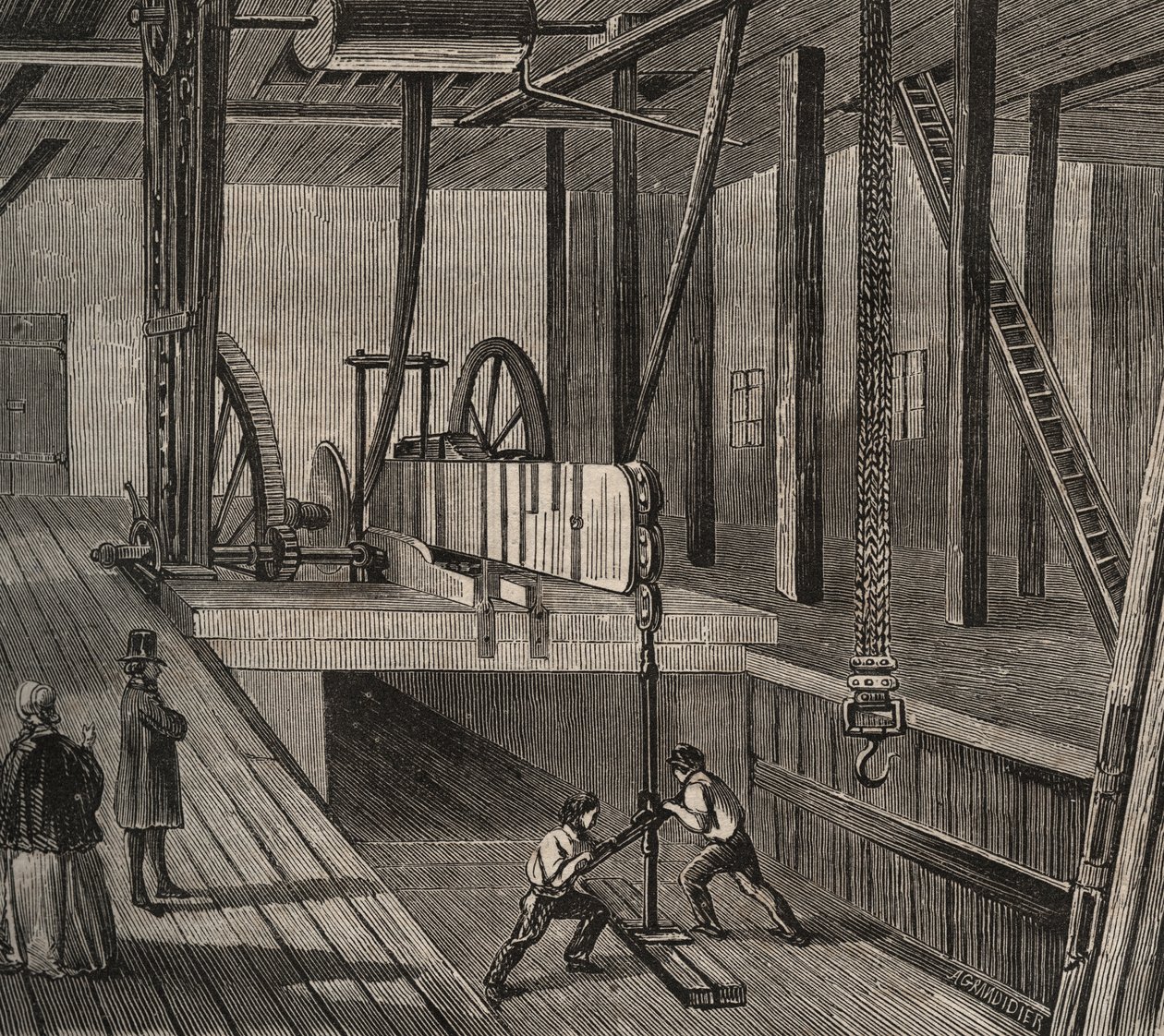 Atelier de drilling du well artesian de Passy. Indgravering fra 1856 i "Le Musee Des Sciences"" af Unknown artist