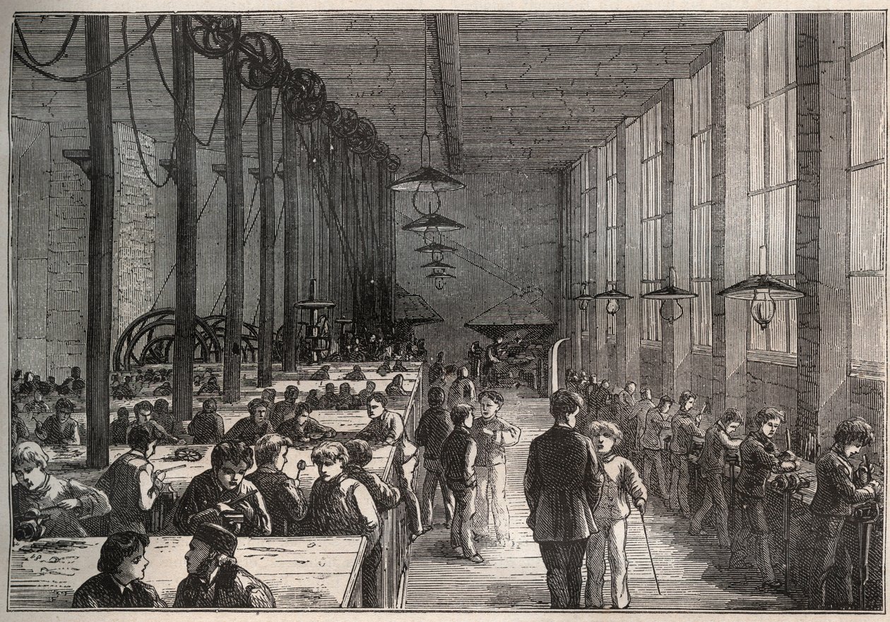 Jernværksted - Kommunal Lærlingeskole på Boulevard de la Villette i Paris i 1875 - gravering af Unknown artist