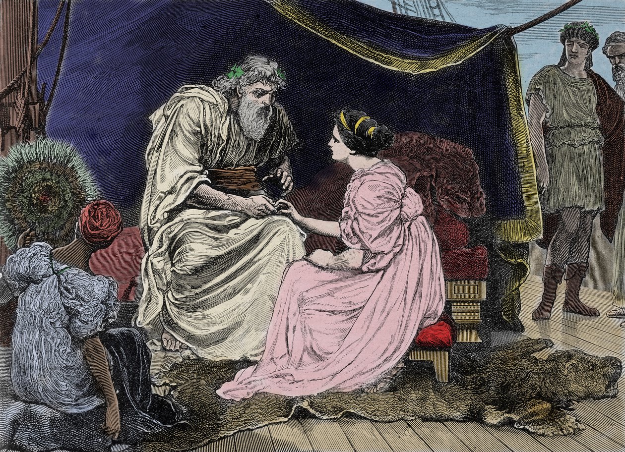 Den athenske statsmand Pericles (495 f.Kr.-429 f.Kr.), en tilhænger af demokrati, med sin datter Marine. Gravering af det 19. århundrede (19-1233) af Unknown artist