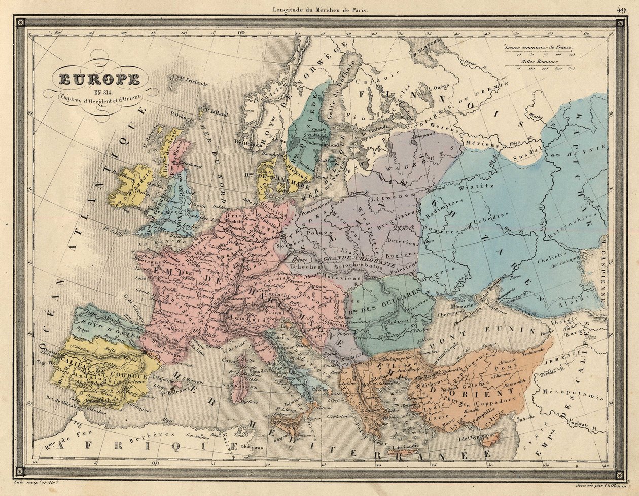 Atlas over Europa i 814: Empires of the West and the East. Planen trækker fra "" Universal Atlas of Ancient and Modern Geography"" af Vuillemin. sd. omkring 1851. af Unknown artist
