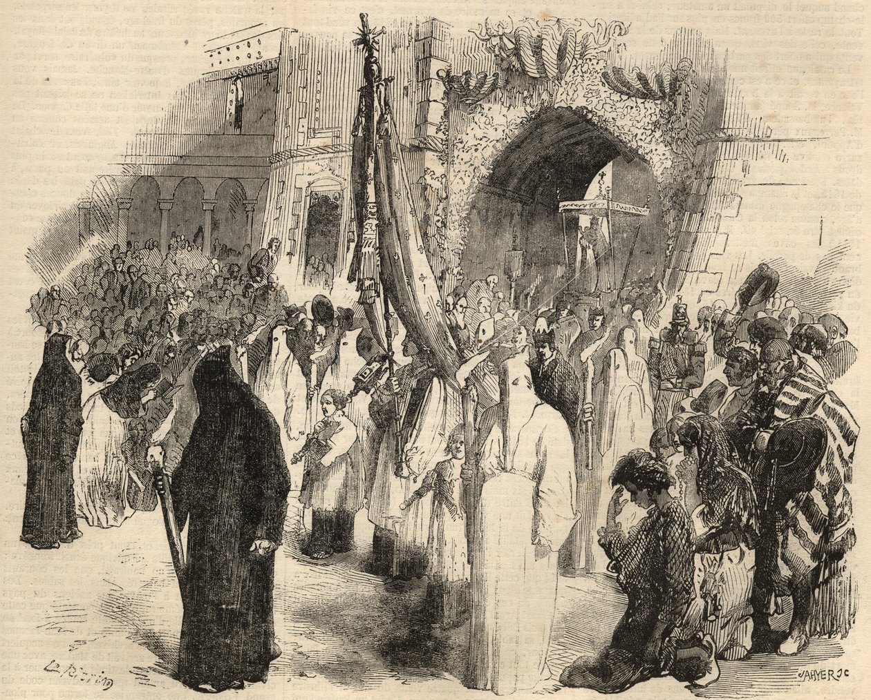 Forsoningsoptog for ophør af gul feber i Lissabon, Portugal i 1857. Indgravering i "Le Monde illustrious"" fra 1857. Privat samling. af Unknown artist