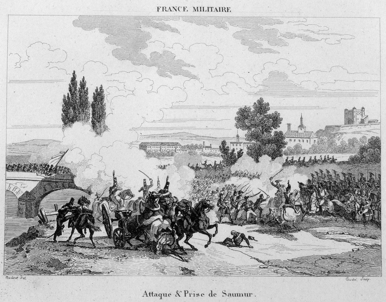 Angreb og tilfangetagelse af Saumur. 1800-tals gravering. af Unknown artist