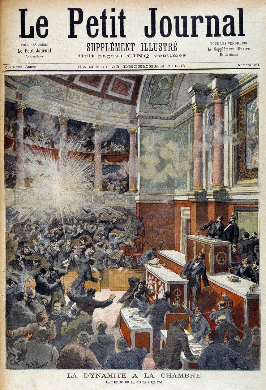 Angreb i Deputerethuset. Eksplosion forårsaget af en bombe stillet af anarkisten Auguste Vaillant (1861-1894). i "" Le Petite journal"", 23/12/1893 af Unknown artist