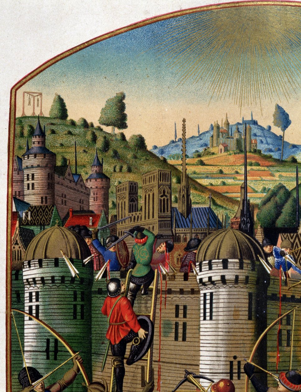 Angreb på Philippe Augustes slot med udsigt over Paris og Montfaucon-galgen under 100-års krigen, midten af det 15. århundrede. (detalje af 14103). af Unknown artist