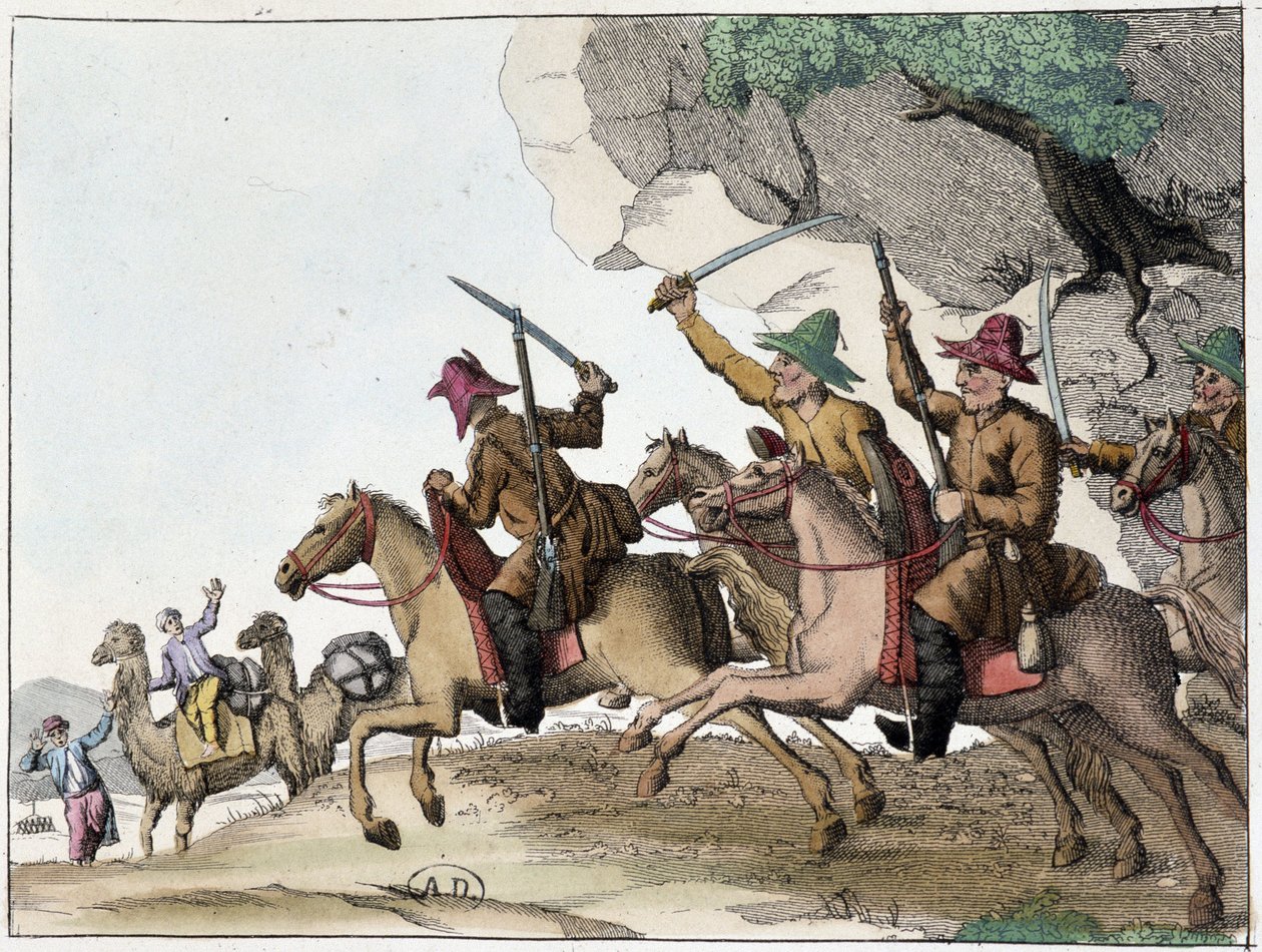 Angreb af kamelkaravane af en gruppe kirgisere (centralasiatiske tyrkere af mongolsk oprindelse) til hest, Deb. 19. århundrede af Unknown artist