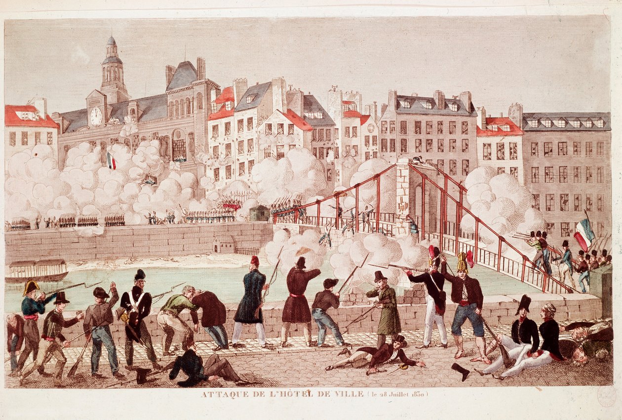 Angreb på rådhuset i Paris og slaget ved broen i Arcola, 28. juli 1830 (gravering) af Unknown artist