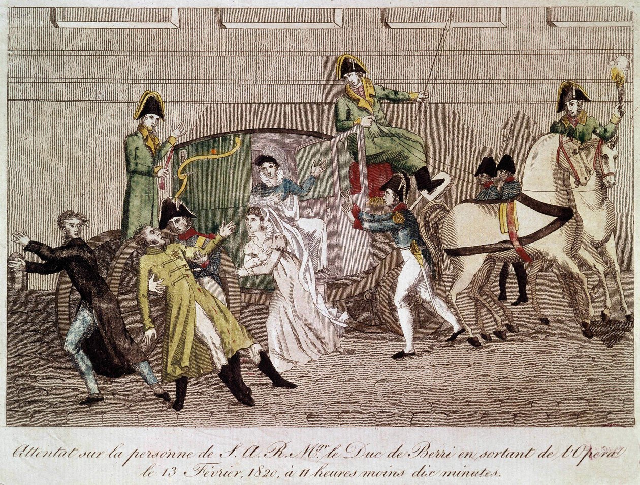 Angreb på hertugen af Berry af Louis Pierre Louvel, da han forlod operaen den 13. februar 1820. Gravering 1800-tallet. af Unknown artist