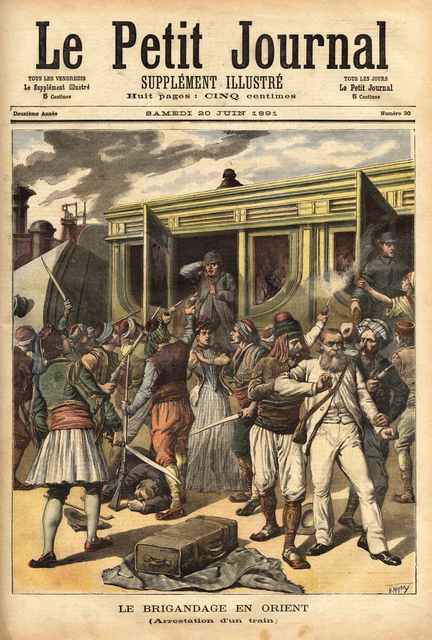 Ved at angribe et tog af røvere i nærheden af Cherkessklui, efter at have organiseret afsporingen af konvojen, fanger Athanos og hans røvere passagererne for at bytte dem til et nag. Indgravering i "" Le petit journal"" 20/06/1891. Selvas samling. af Unknown artist