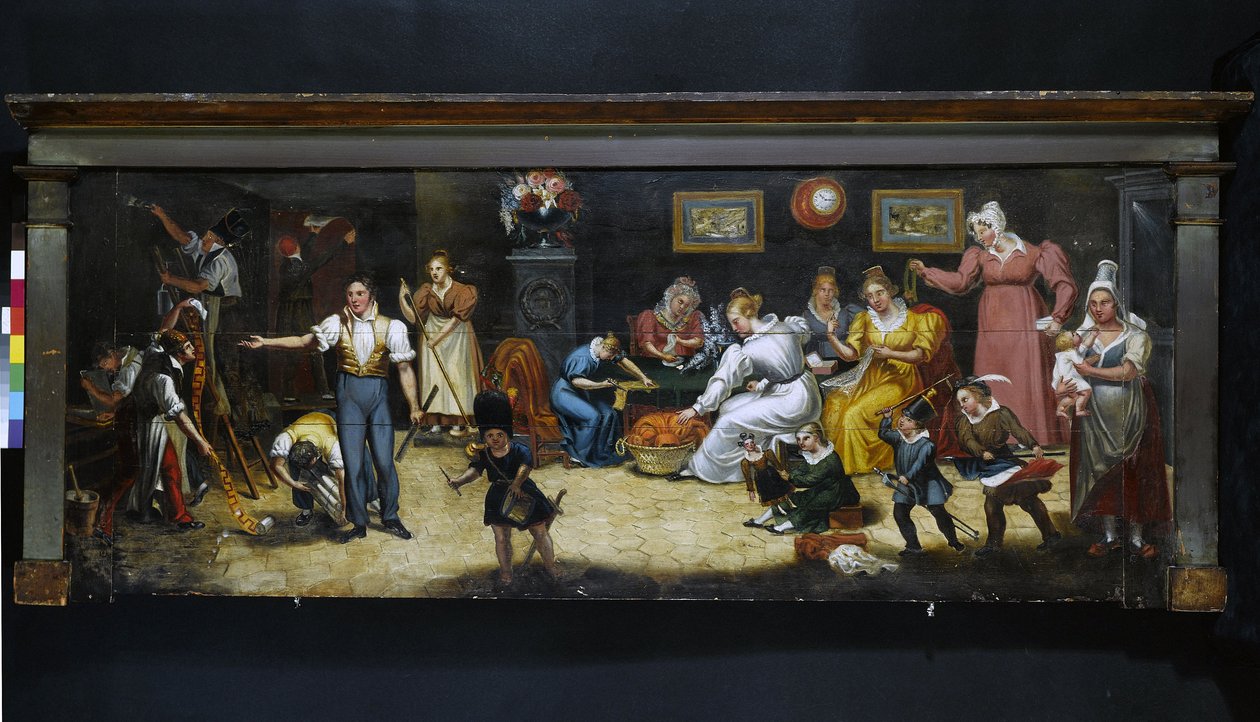 Til den gode far. Møbelpolstrer-dekoratør-skilt. Rue Mouffetard, 5. arrondissement, Paris, ca. 1825 (skilt) af Unknown artist