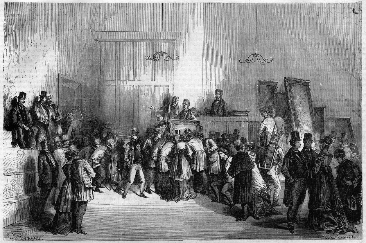 Auktionslokale i Paris: Salg af malerier på auktionsholdernes (auktionsholdere eller auktionsholderes) hotel. Indgravering i ""Det illustere univers"" af Unknown artist