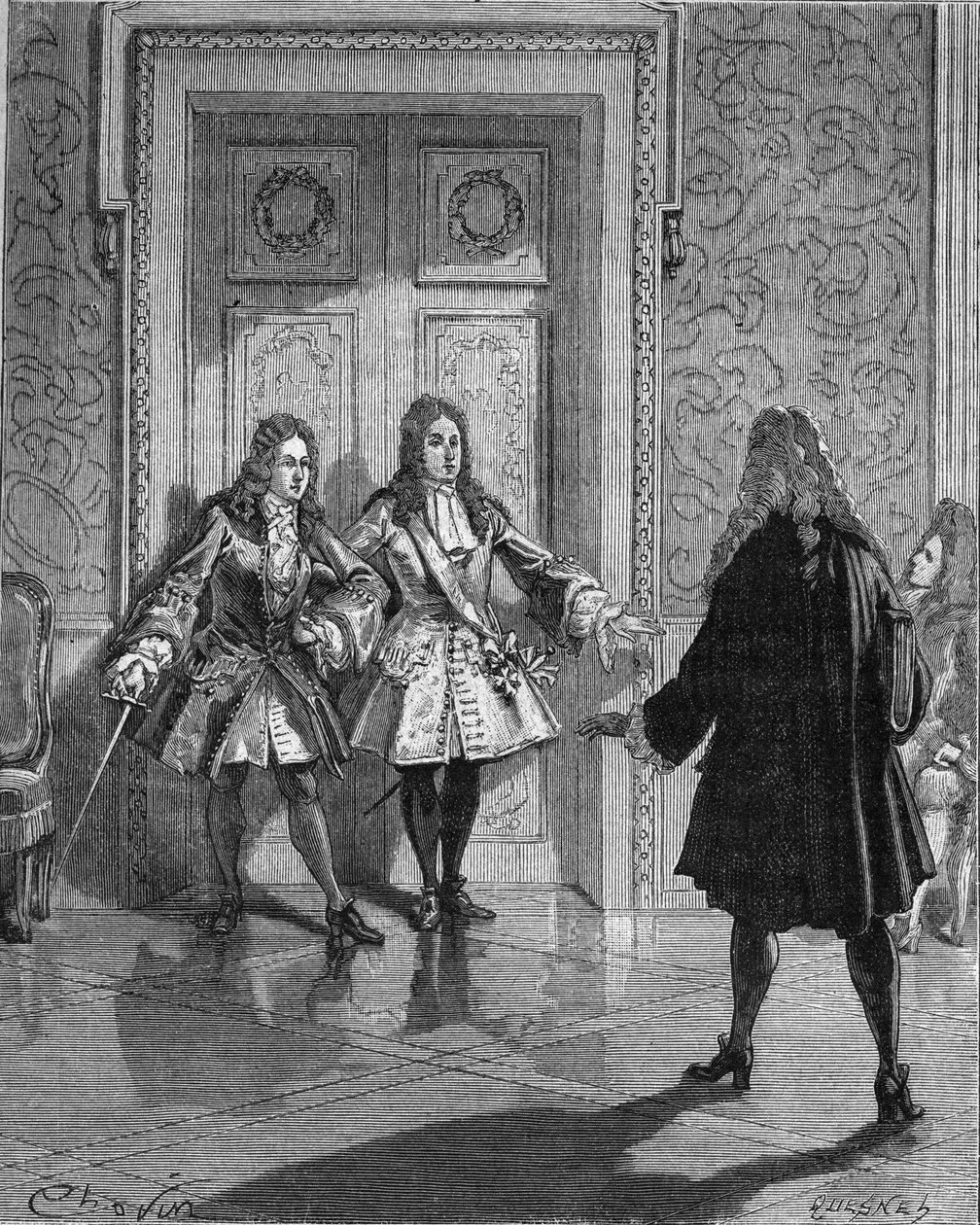August 1718: Saint Simon (Saint-Simon) (Louis de Rouvroy, hertug af) (1675-1755) blokerer passagen til hertugen af Maine (Louis Auguste (Louis-Auguste) af Bourbon) (1670-1736). Indgravering af det 19. århundrede. I "Histoire de France" af Jules Michelet af Unknown artist
