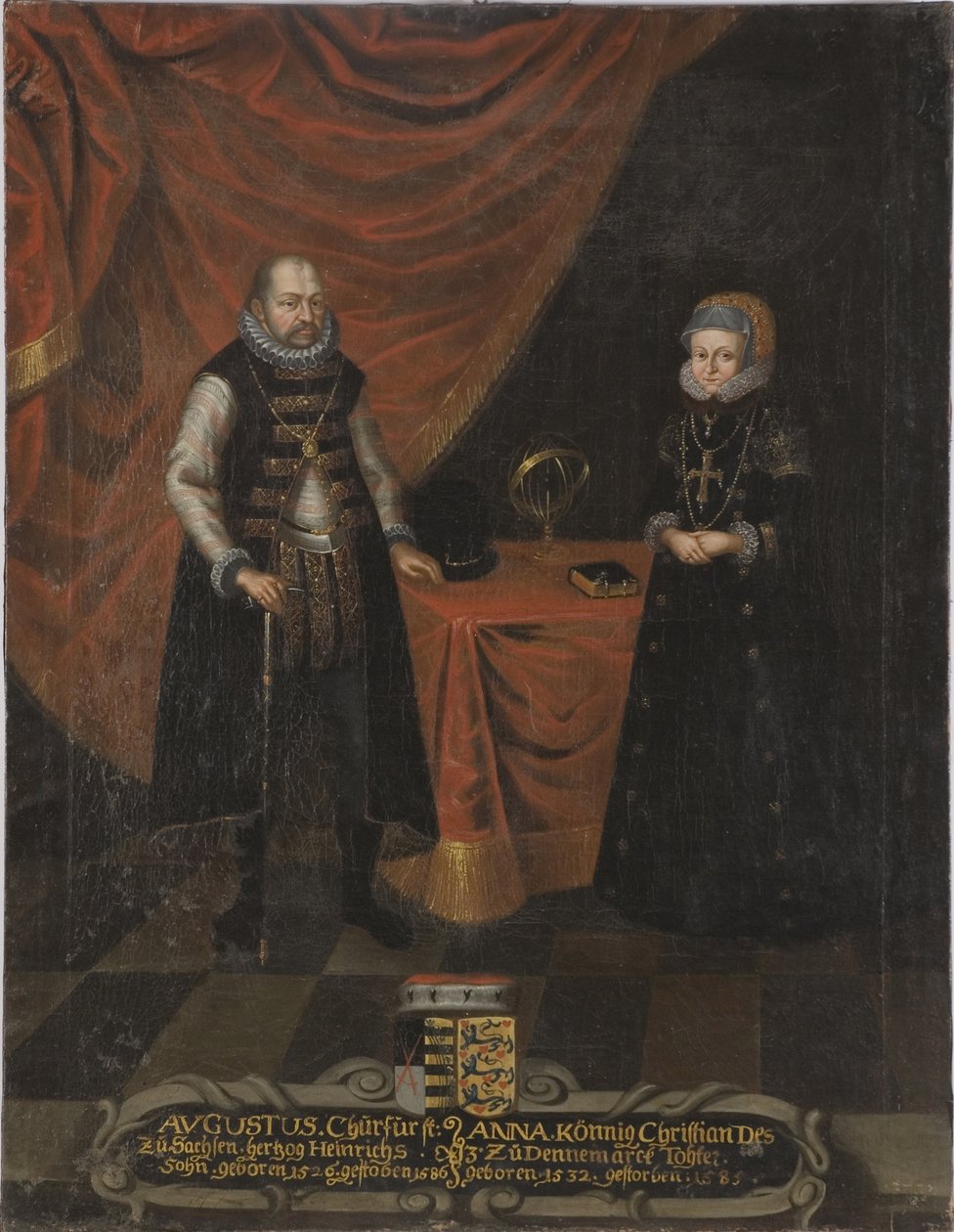 Auguste I, electeur de Saxe et princesse Anne du Danemark - Portræt af Augustus (1526-1586), kurfyrst af Sachsen og Anne af Danmark (1532-1585), kurfyrste af Sachsen, Anonym . Olie på lærred. Mål: 103x79,5 cm. Nationalmuseum Stockholm af Unknown artist